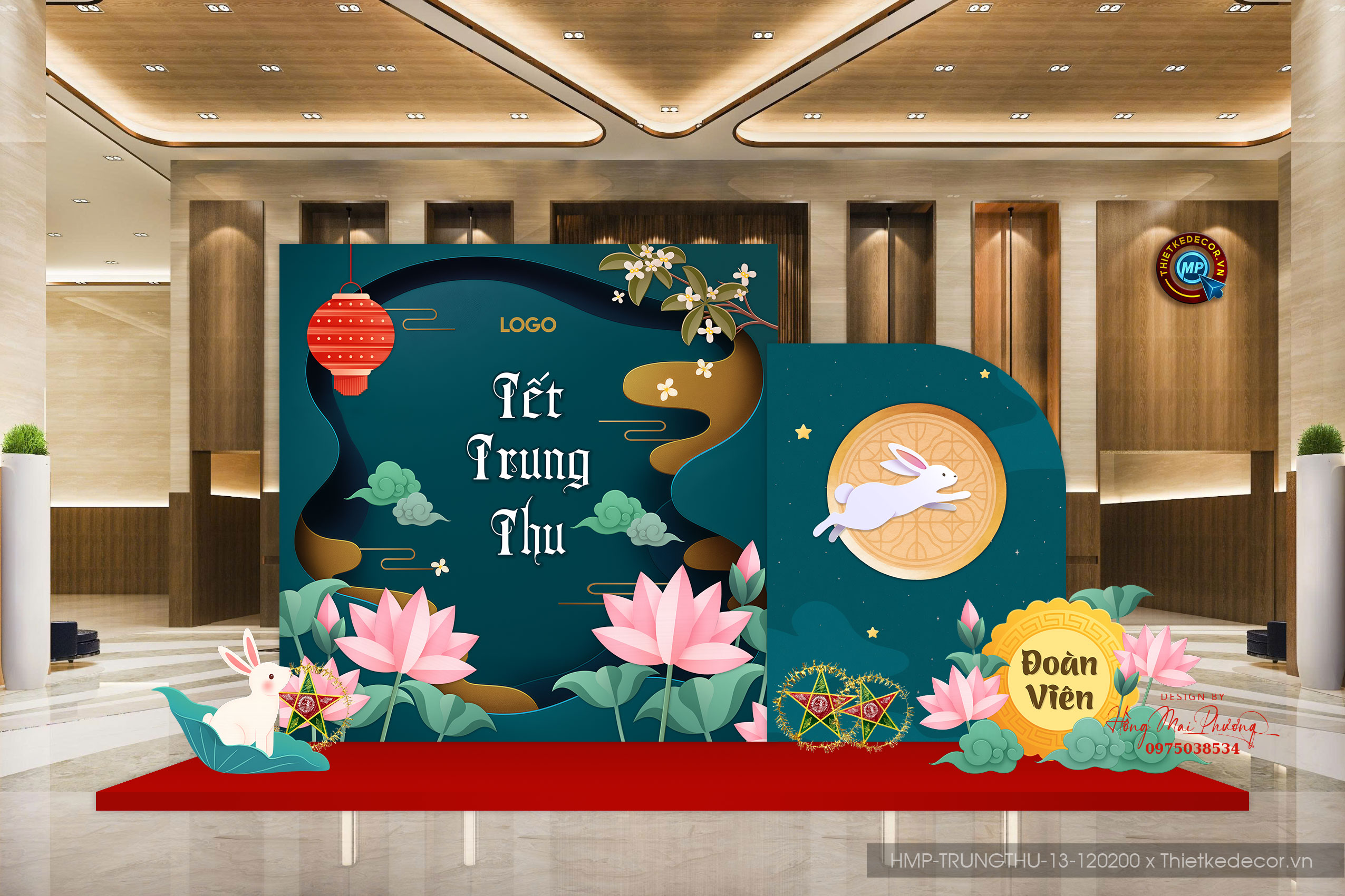 Backdrop trung thu hoa sen tone xanh cổ vịt